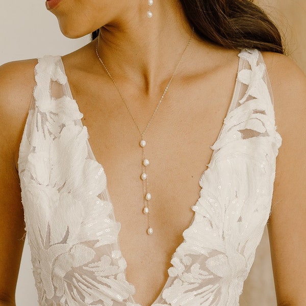 Gigi Perlenkette, Lariat Halskette, Süßwasser Perlenkette, Perlen Tropfen Halskette, Braut Halskette, Hochzeit Halskette, zierliche Halskette