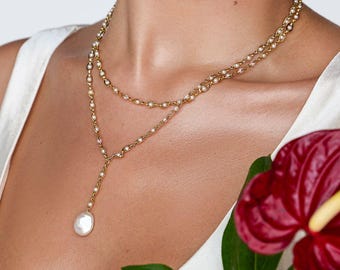 Hannah Pearl Layered Necklace, Elegant Bridal Pearl Lariat Necklace, Gold Layered Wedding Jewelry Gift for Bride or Bridesmaids