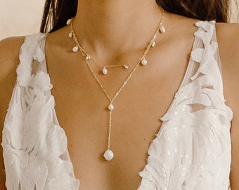 Delaney Lariat Necklace, Layering Necklace, Pearl Drop Necklace, Freshwater Pearl Necklace, Dainty Pearl Necklace, Bridal Jewelry Set