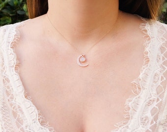 Two Moons Necklace, Crescent Moon Necklace, Moonstone Necklace, Rose Gold Necklace, Dainty Necklace, Rainbow Moonstone Necklace