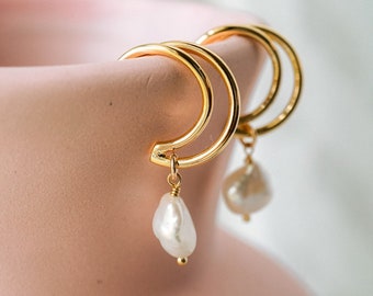 Lulu Pearl Hoops, Pearl Hoop Earrings, Gold Hoops, Double Hoop Earrings, Freshwater Pearl Hoops, Baroque Pearl Hoops