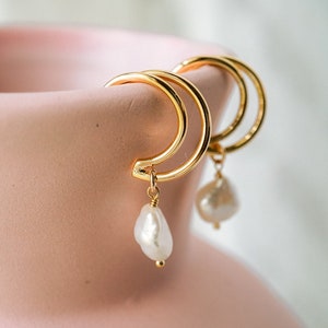 Lulu Pearl Hoops, Pearl Hoop Earrings, Gold Hoops, Double Hoop Earrings, Freshwater Pearl Hoops, Baroque Pearl Hoops