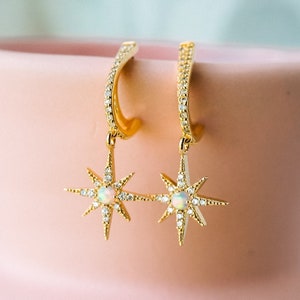 Astra Huggies, Opal Star Hoops, Star Hoop Earrings, Opal Hoops, Dainty Star Earrings, Opal Earrings, Celestial Hoops