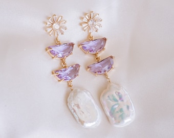 Brincos de pérola com papoula, brincos de flor, brincos de casamento, brincos marcantes e divertidos, brincos lavanda, brincos de pérola de água doce.