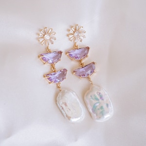 Poppy Pearl Earrings, Flower Earrings, Wedding Earrings, Whimsical Statement Earrings, Lavender Earrings, Freshwater Pearl Drop Earrings