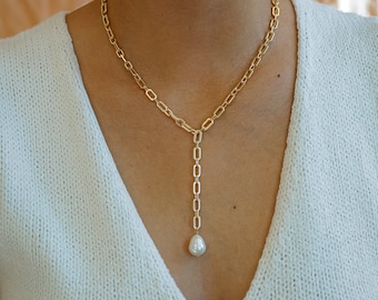 Portia Gold Y Necklace, Pearl Necklace, Jewelry Lover Gift, Lariat Necklace, Chunk Gold Chain, Statement Jewelry, Birthday Gifts for Her