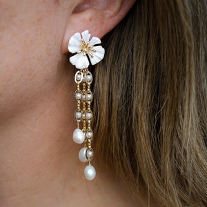 Flora Pearl Drop Earrings, Gold Pearl Earrings, Unique Gold Earrings, Pearl Drop Earrings, Gold Dangle Earrings, Flower and Pearl Earrings