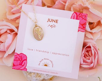 June Birth Flower Necklace, Rose Necklace, Birth Month Flower, Birth Flower Necklace, Anniversary Gift, Friendship Necklace, Mother of Pearl