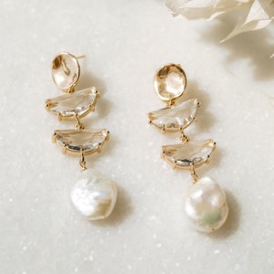 WREN Pearl Earrings, Wedding Earrings, Bridal Statement Freshwater Pearl Earrings, Drop Earrings, Long Art Deco Earrings, Bridal Jewelry