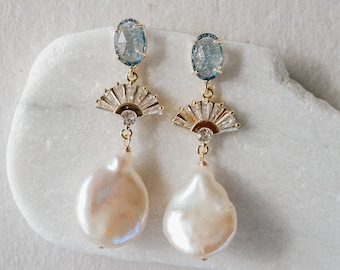 Pendientes azules, pendientes de novia llamativos, joyas de boda, pendientes de perla, pendientes art déco, pendientes de abanico, joyas de novia azules