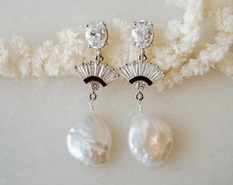 BELLE Freshwater Pearl Earrings, Bridal Statement Earrings, Silver Wedding Jewelry, Silver Pearl Earrings, Art Deco Earrings, Fan Earrings