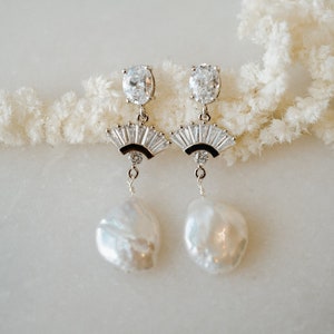 BELLE Freshwater Pearl Earrings, Bridal Statement Earrings, Silver Wedding Jewelry, Silver Pearl Earrings, Art Deco Earrings, Fan Earrings