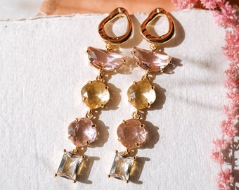 Pink Lemonade Earrings, Long Dangle Earrings, Statement Earrings, Crystal Drop Earrings, Summer Earrings, Long Earrings, Pink Drop Earrings