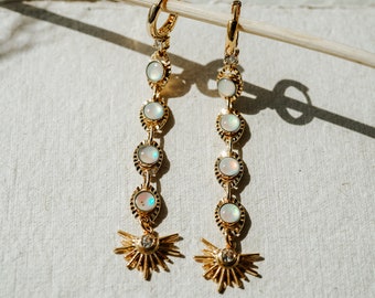 Eleni Drop Earrings, Opal Earrings, Long Opal Earrings, Boho Earrings, Sun Earrings, Gold Drop Earrings