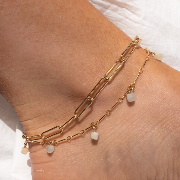 Mira Gem Anklet, Minimalist Anklet, Gemstone Anklet, Dainty Gold Anklet, Gold Anklet, Morganite Bead Anklet,  Gold Beaded Anklet, Bar Chain