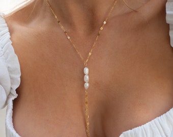 Layla Pearl Necklace, Gold Y Necklace, Dainty Gold Necklace, Pearl Lariat Necklace, Freshwater Pearl Necklace, Gold Lariat Y Necklace