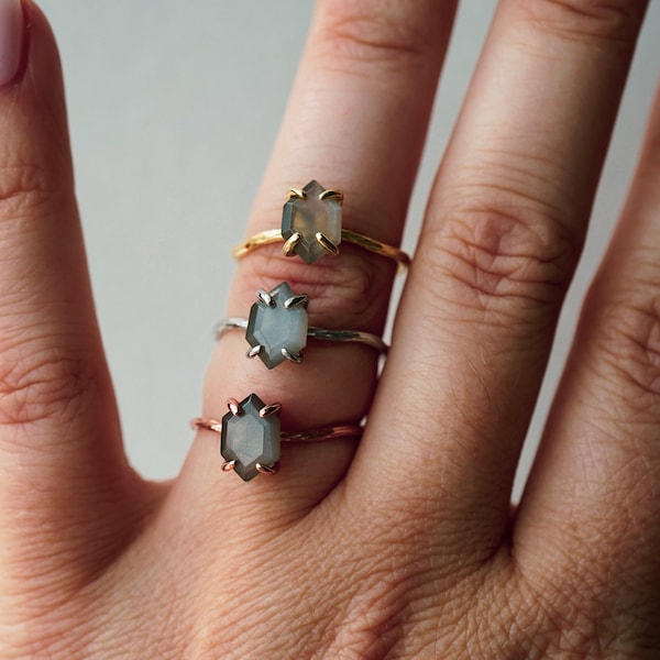 Gray Moonstone Ring, Hexagon Ring, Gold Ring, Dainty Moonstone Ring, Fairycore Ring, Twig Ring, Moonstone Ring, Rose Gold Ring, NEW LUNA