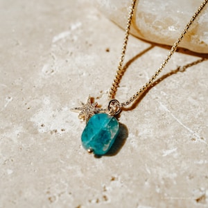 Astrid Star Necklace, Gemstone Necklace, Gold Necklace, Apatite Stone Necklace, Celestial Jewelry, CZ Star Necklace, Blue Gemstone Necklace