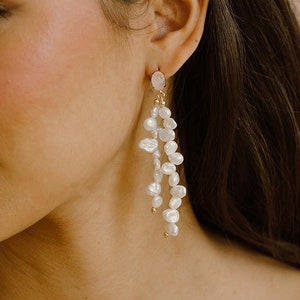 Birdie Baroque Pearl Earrings, Bridal Statement Earrings, Bohemian Long Pearl Earrings, Wedding Jewelry, Waterfall Pearl Earrings