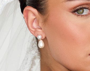 Evelyn Teardrop Pearl Earrings, Double Pearl Drop Earrings, Elegant Gold Bridal Earrings, Classic and Modern Wedding Jewelry for Bride