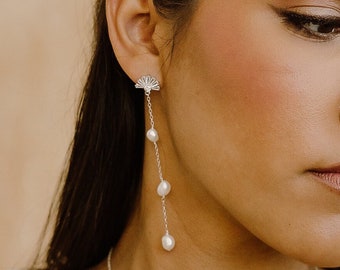 Daisy Pearl Drop Earrings, Art Deco Earrings, Pearl Dangle Earrings, Long Earrings, Wedding Earrings, Bridal Jewelry, Elegant Earrings