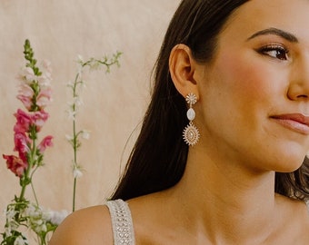 Greta Pearl Earrings, Statement Earrings, Gold Bridal Earrings, Art Deco Earrings, Long Earrings, Wedding Jewelry, Pearl Drop Earrings