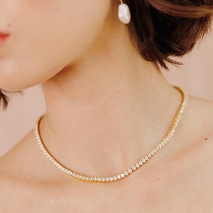 Bella Classic Tennis Necklace, Gold Choker Necklace, Dainty Gold Jewelry, Gold Tennis Choker, Gold Necklace, Simulated Diamond Necklace