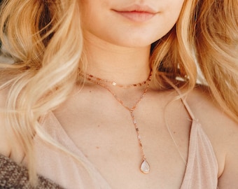 Moonbeam Y Necklace, Moonstone Necklace, Rose Gold Necklace, Layered Necklaces, Dainty Rose Gold Necklace, Lariat Necklace, Bridal Jewelry