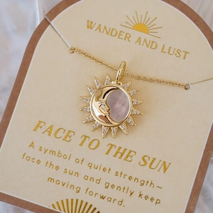 Face to the Sun Pendant Necklace, Gold Sun Necklace, Affirmation Jewelry, Mother of Pearl Pendant, Dainty Pendant Necklace, Moon Necklace
