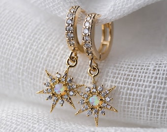 Opal Star Huggies, Gold Huggies, Tiny Hoop Earrings, Small Hoops, Dainty Hoop Earrings, Opal Earrings, Minimal Earrings, Celestial Hoops