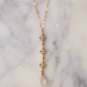 WYNN Drop Necklace, Bridal Necklace, Gold Necklace, Lariat Necklace, Rose Quartz Necklace, Gold Y Necklace, Crystal Wedding Necklace