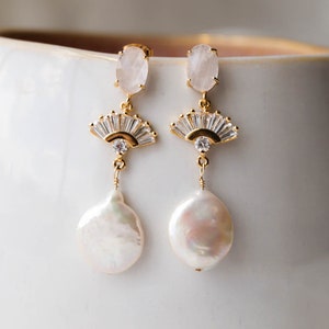 REESE Freshwater Pearl Earrings, Bridal Statement Earrings, Wedding Jewelry, Pearl Earrings, Art Deco Earrings, Fan Earrings, Bridal Jewelry image 4