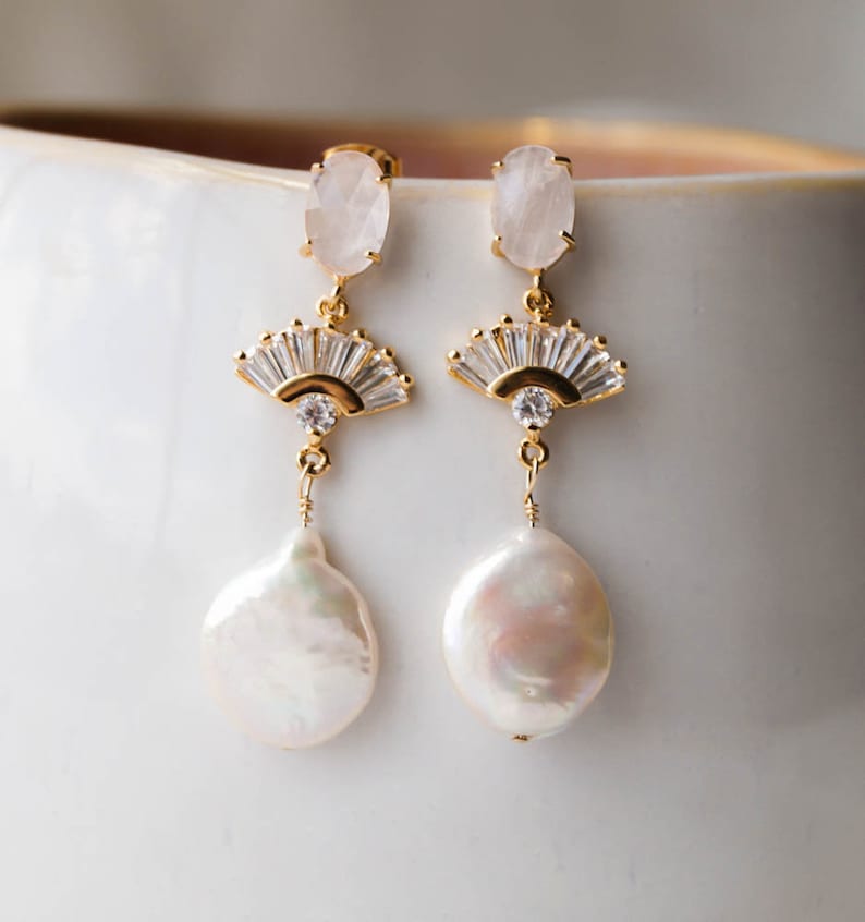 REESE Freshwater Pearl Earrings, Bridal Statement Earrings, Wedding Jewelry, Pearl Earrings, Art Deco Earrings, Fan Earrings, Bridal Jewelry image 4