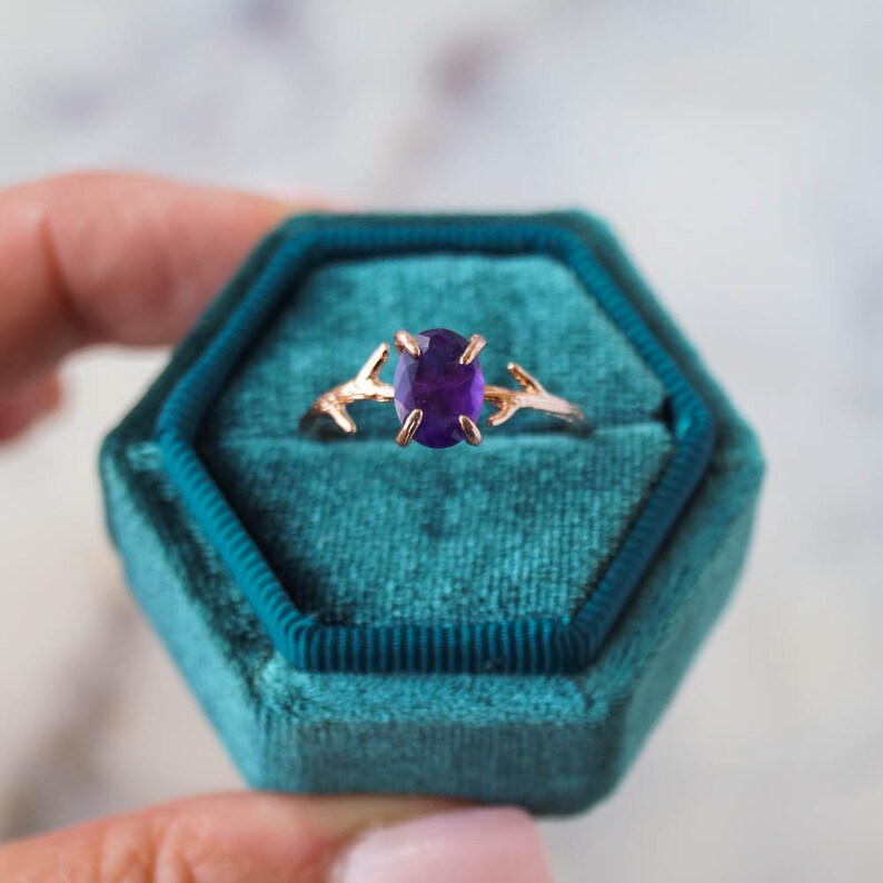 14K Yellow Gold Genuine Amethyst Solitaire Ring - Oval February Birthstone Ring, Made In USA