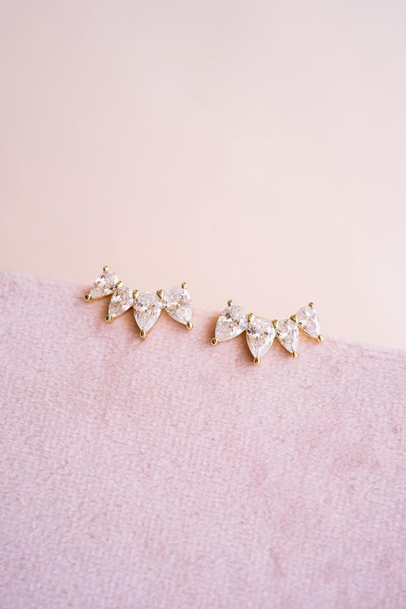 Georgina Pear Cut Ear Climber, Gold Ear Climbers, Art Deco Style