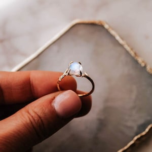 Everly Moonstone Ring, Rose Gold Ring, Dainty Moonstone Ring, Gemstone Ring, Fairycore Boho Ring, Rainbow Moonstone, Pear Engagement Ring image 4