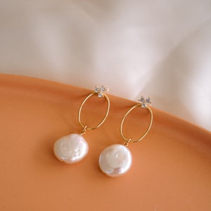 Emerson Pearl Ear Jacket, Pearl Drop Earrings, Bridal Jewelry, Wedding Earrings, Gold Pearl Earrings, Modern Jewelry, Bohemian Style image 4