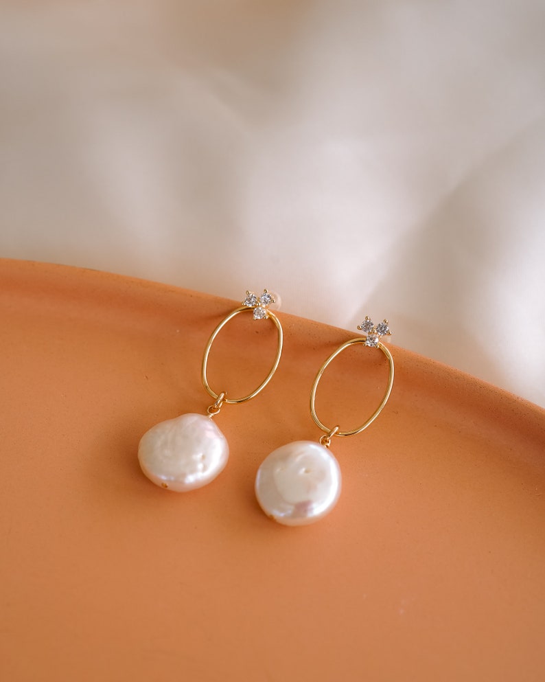 Emerson Pearl Ear Jacket, Pearl Drop Earrings, Bridal Jewelry, Wedding Earrings, Gold Pearl Earrings, Modern Jewelry, Bohemian Style image 4