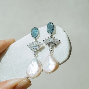 Something Blue Earrings, Bridal Statement Earrings, Wedding Jewelry, Pearl Earrings, Art Deco Earrings, Fan Earrings, Blue Bridal Jewelry image 4