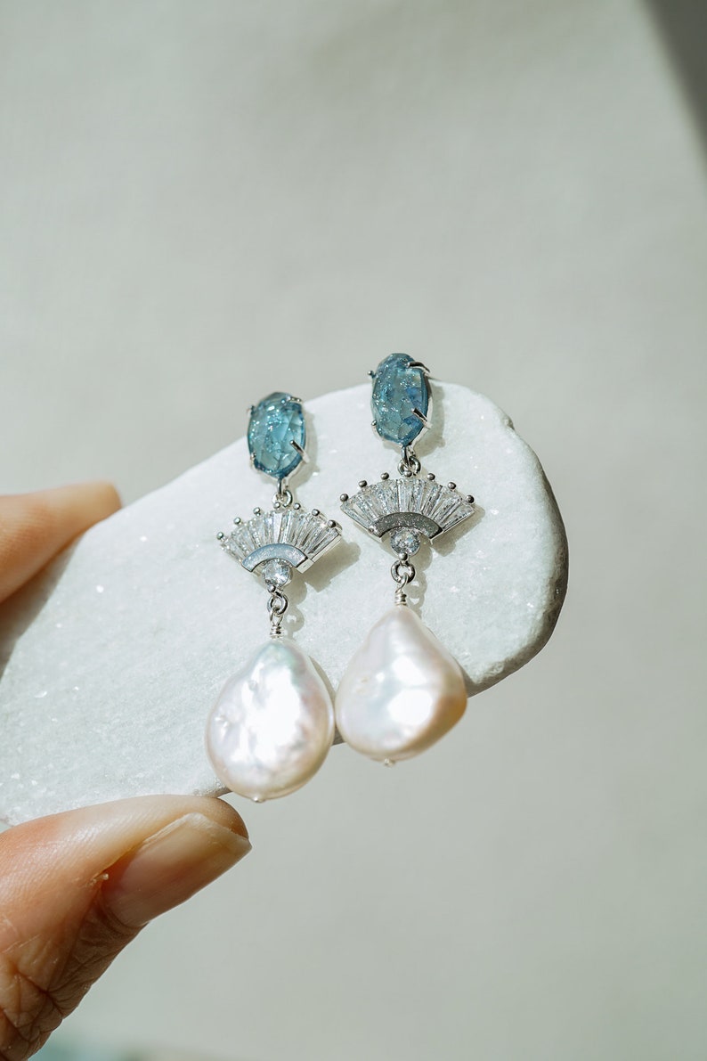 Something Blue Earrings, Bridal Statement Earrings, Wedding Jewelry, Pearl Earrings, Art Deco Earrings, Fan Earrings, Blue Bridal Jewelry image 4