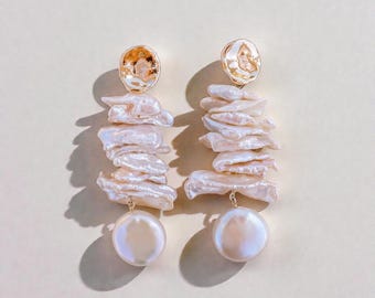 Biwa Pearl Drop Earrings, Bohemian Bridal Jewelry, Statement Accessories, Beach Wedding Style