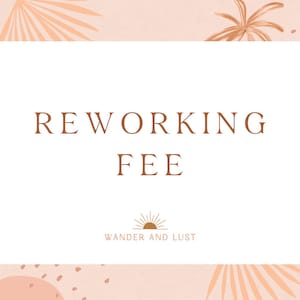 May include: A white card with the text "REWORKING FEE" in brown text. Below the text is a logo with a sun and the text "WANDER AND LUST". The card is on a pink background with brown palm leaves and brown polka dots.