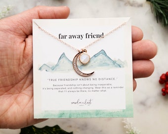 Far Away Friend Gift Set, Wanderlust Gift, Crescent Moon Necklace, Moon Jewelry, Celestial Jewelry, Wish Necklace, Far From Home Gift