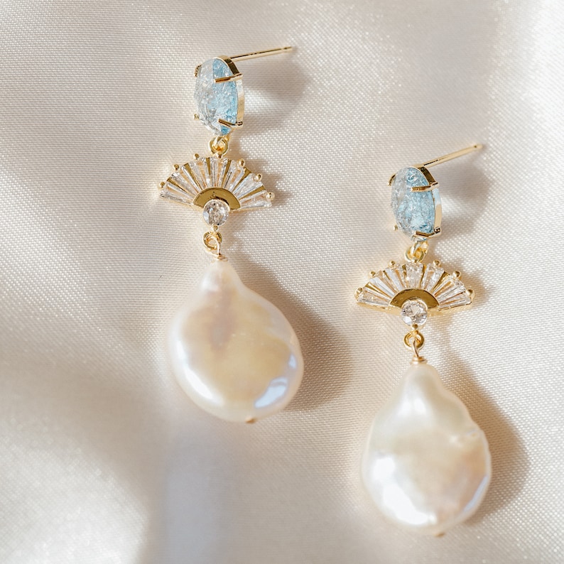 Something Blue Earrings, Bridal Statement Earrings, Wedding Jewelry, Pearl Earrings, Art Deco Earrings, Fan Earrings, Blue Bridal Jewelry image 9