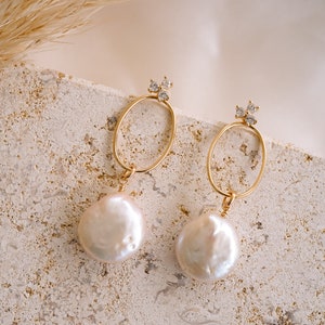 Emerson Pearl Ear Jacket, Pearl Drop Earrings, Bridal Jewelry, Wedding Earrings, Gold Pearl Earrings, Modern Jewelry, Bohemian Style image 2