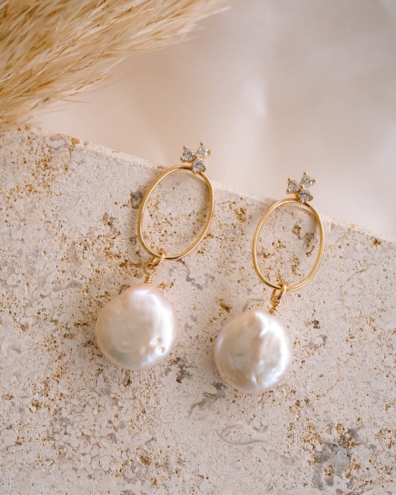 Emerson Pearl Ear Jacket, Pearl Drop Earrings, Bridal Jewelry, Wedding Earrings, Gold Pearl Earrings, Modern Jewelry, Bohemian Style image 2