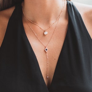 Tiny Moonstone Necklace, Rose Gold Necklace, Rose Gold Satellite Chain, Rainbow Moonstone, Simple Gemstone Necklace, Rose Gold Moonstone image 4