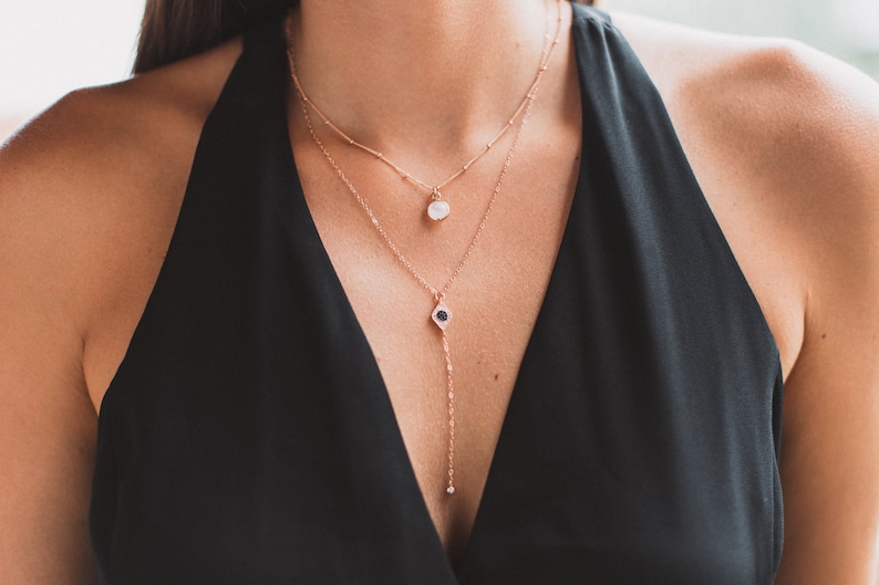 Tiny Moonstone Necklace, Rose Gold Necklace, Rose Gold Satellite Chain, Rainbow Moonstone, Simple Gemstone Necklace, Rose Gold Moonstone image 4