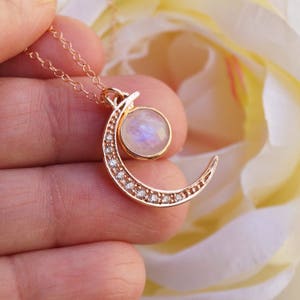 Two Moons Necklace, Crescent Moon Necklace, Moonstone Necklace, Rose Gold Necklace, Dainty Necklace, Rainbow Moonstone Necklace image 1