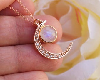 Two Moons Necklace, Crescent Moon Necklace, Moonstone Necklace, Rose Gold Necklace, Dainty Necklace, Rainbow Moonstone Necklace